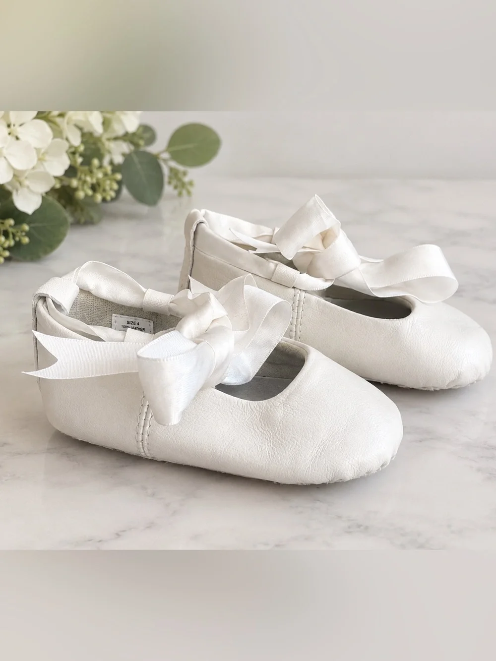 Designer Touch White Leather Bow Shoes Size 4 | Baby Girls Wedding